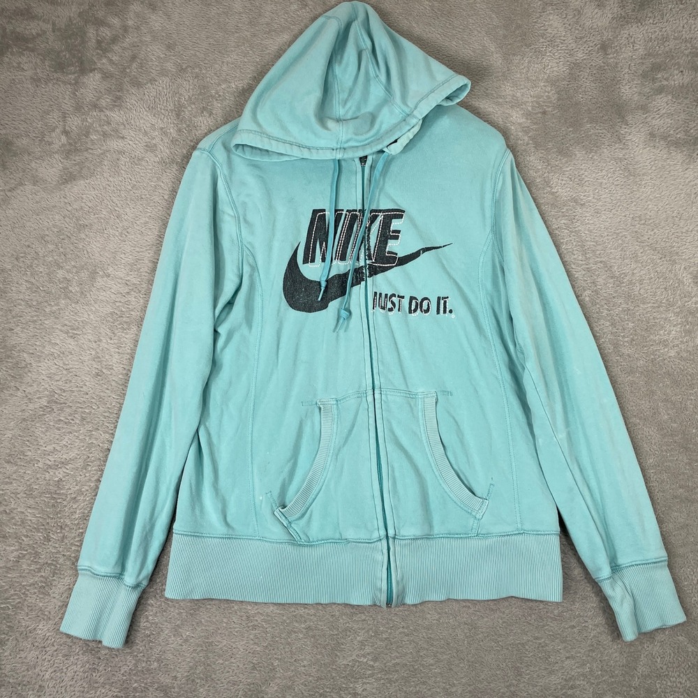 Nike Zip Up Hoodie Womens XL Teal Just Do It Logo Graphic Vintage Y2K Sweatshirt